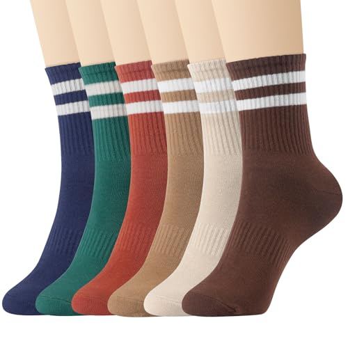 SEEKSOCK 6 Pairs Crew Socks for Women Striped Cotton Causal