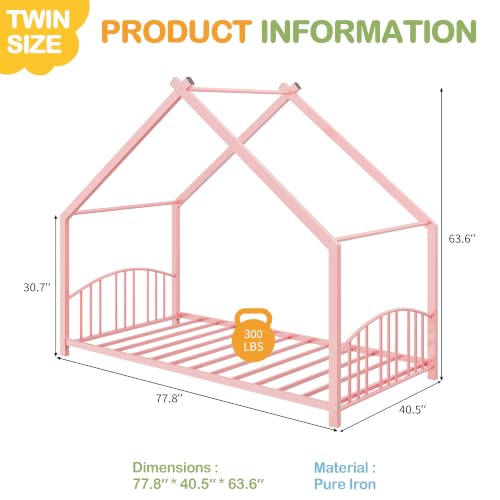 Image of Garvee Twin Size Metal House Bed Frame for Kids, Pink