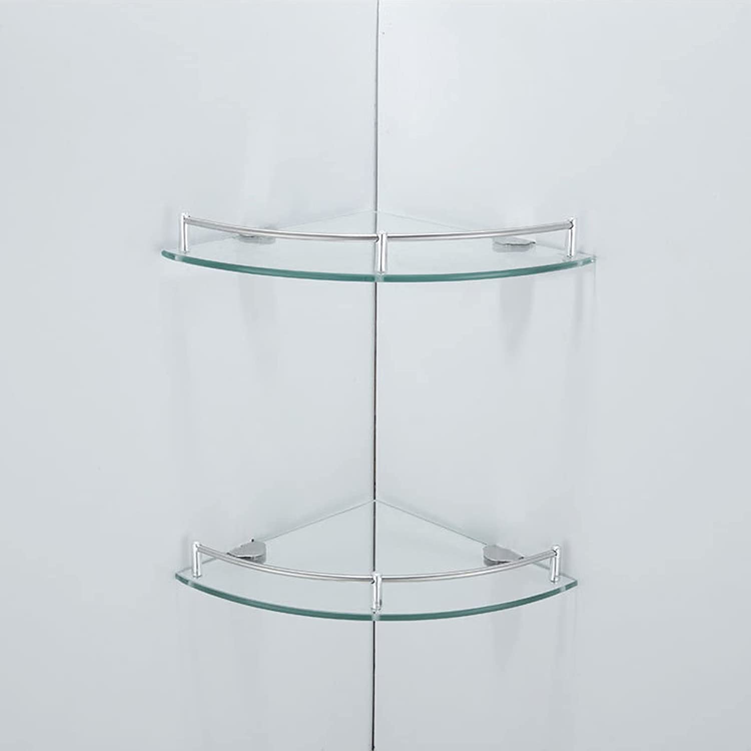 Paquete de 2 estantes de Vidrio esquinero para baño, Estante de Vidrio Templado Sector de Acero Inoxidable montado en la Pared, para baño, Dormitorio con guía