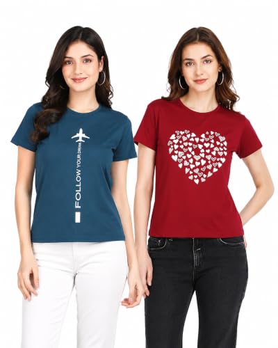 Image of Women's Slim Fit Graphic Printed T-Shirt | Soft 100% Cotton Fabric | Round Neck Half Sleeve Casual Top, Travel & College Pack of 2 Set
