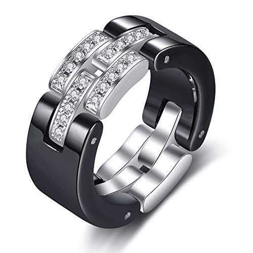 Ceramic Wedding Band Ring for Women Stackable Rings, Polished Ceramic with Stainless Steel & Zirconia Patchwork (8mm-Black, 7)