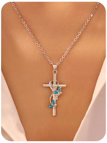 1 PC Sterling Silver Bow Cross Pendant Necklace Adorned with Charming Blue Gemstones for Women2