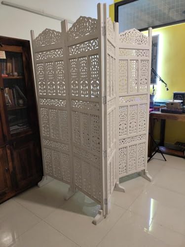 Image of Wooden Room Divider 6 Feet, 4-Panel Folding Wooden Partition for Living Room, Office, Pooja Room, Restaurant, Kitchen & Balcony (2W x 1.82H Meters). (White-Floral Pattern)