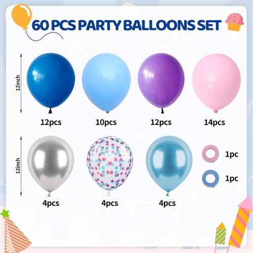 Image of Pink and Blue Balloons, 60PCS Dark Light Blue Purple Party Balloons, 12 Inch Pastel Confetti Pastel Pink Metallic Silver Balloon Helium for Kids Baby Shower Gender Reveal Birthday Party Decorations