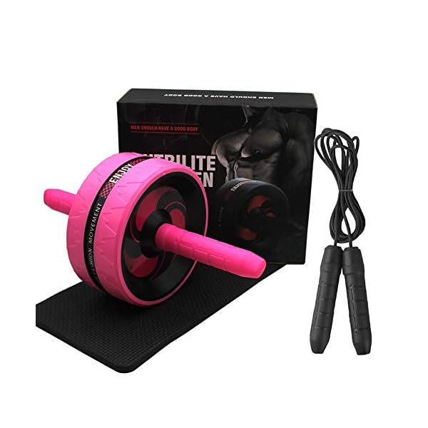 BiJun Ab Roller Wheel for Abs Workout – Complete Home Gym Set with AB Wheel Roller, Knee Mat, and Jump Rope (Pink)