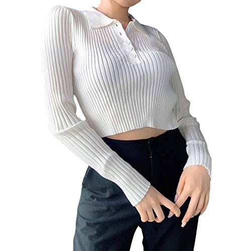 Women's Polo Crop Tops Slim Fit Ribbed Button Down Knit V-Neck Casual Stretch Tee Shirts (Long Sleeve White, Medium)