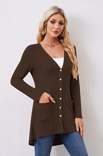 Women Cardigans Open Front Lightweight Button Down Duster Long Cardigan Vertical Stripes Pockets for Casual Fall4