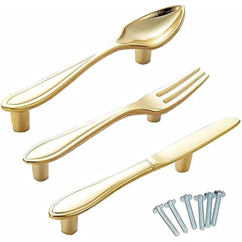 3pcs Gold Funny Cutlery Cabinet Pulls Handles 3" Hole Center Vintage Kitchen Knife Spoon Fork Cupboard Pulls Handles Furniture Door Hardware for Bathroom Bedroom Cover
