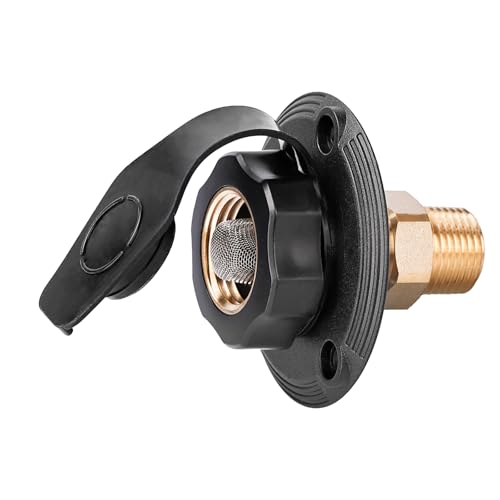 Veepeak RV City Water Inlet with Check Valve, 3/4'' NH Female to 1/2'' NPT Male Connector, 3-inch Flange with Dust Plug for RV Camper Motorhome Trailer Marine Freshwater Connection