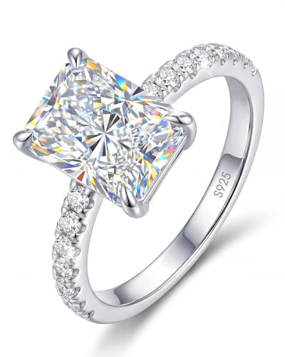 2CT Radiant Cut Moissanite Engagement Rings for Women, D Color VVS1 Lab Created, 18K White Gold Plated 925 Sterling Silver, Promise Ring with Pavé Band Wedding, Anniversary or Birthday Gift for Her