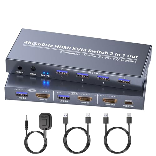 2 Port HDMI KVM Switch 1 Monitor 2 Computers, Control 2 PCs with 1 Set of Keyboard Mouse and 1 Monitor, 4K60Hz Support and USB 3.0