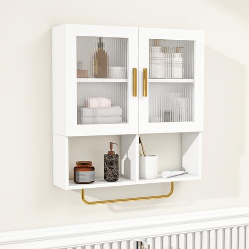 Wall Mounted Bathroom Storage Cabinet Medicine Cabinet with Acrylic Doors & Towel Bar Adjustable Shelves for Bathroom, Laundry Room, Bedroom, Enterway White Glass Door