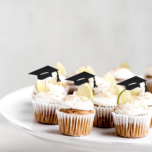 Arthsdite 24Pcs 2025 Graduation Cap Cupcake Toppers Congrats Grad 2025 Graduation Cap Cupcake Picks Class of 2025 Cake Decorations for 2025 College Graduation Theme Party Decor - Black Glitter