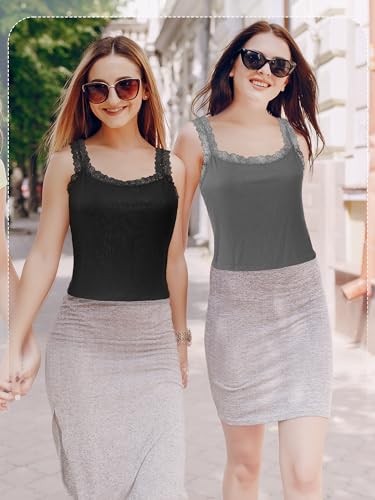 Image of Hicarer 6 Pieces Lace Camisole Tank Tops Lace Trim Camisole Straps Womens Cami Undershirt Ribbed Tank Tops for Women