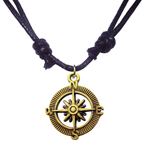 Antique Bronze Old Pirate Compass Charm Pendant Adjustable Cord Necklace 16
