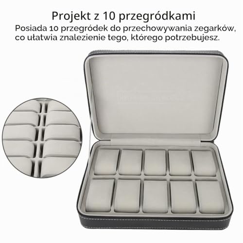 Pudełko na Zegarek z 10 Miejscami, Pudełko na Zegarek, Pudełko do Przechowywania Zegarków 10 Siatek Etui Podróżne na Zegarek Zamek Podróżny Pojemnik Kolekcjonerski Organizer