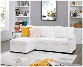 Naomi Home Laura Sectional Sleeper Sofa with Pull Out Bed, Reversible Sleeper Sectional Sofa Bed, Best Sleeper Sofa Couch with 168L Storage, L-Shape Pull Out Couch Bed Sleeper Sofa – Velvet/White