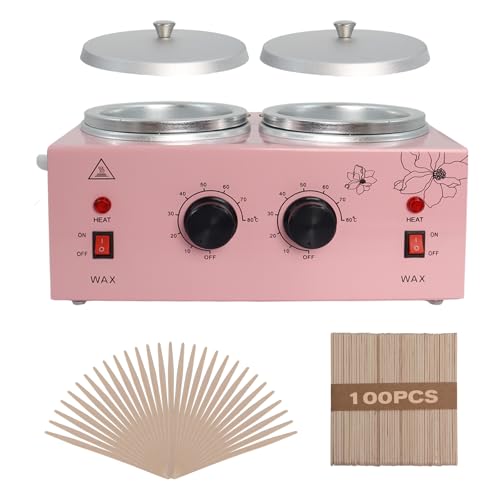 Image of Wax Warmer Double Pot, Professional Electric Heater for Facial, Body, Spa, and Salon, 1.2L Dual Adjustable Temperature with 100 Wooden Craft Sticks, Hair Removal (Pink)