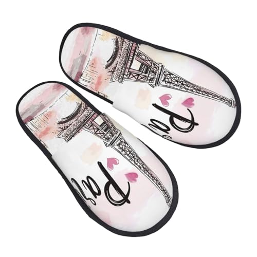 Watercolor Paris Slippers for Women, Eiffel Tower House Slippers Non-slip Indoor Bedroom Slippers Warm Cozy Memory Foam Home Shoes