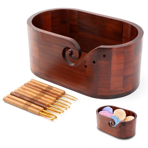 Image of Wooden Yarn Bowl, Yarn Bowls for Crocheting, Crochet Yarn Holder with 9pcs Knitting Hooks, Yarn Storage Crochet Bowl Knitting for Crocheters and Knitting Lovers, Large Yarn Bowl(Color:Retro Brown)