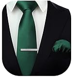HISDERN Herren Solide Dunkelgrün Krawattenklammer Taschentuch Hochzeit Klassische Krawatte & Einstecktuch Set