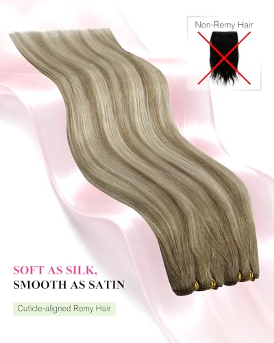 Image of YoungSee Sew in Hair Extensions Real Human Hair Brown Blonde Hair Extensions Weft Light Brown Balayage Platinum Blonde Balayage Weft Hair Extension Human Hair for Full Head 20 Inch 100g