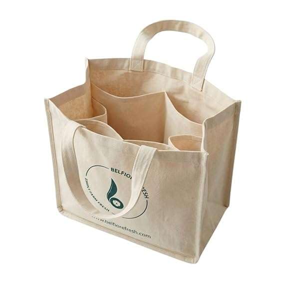 Cotton Canvas Grocery Tote Bag, Reusable Shopping Bag with Compartments for Fruits, Vegetables, Milk, Office & Household Use