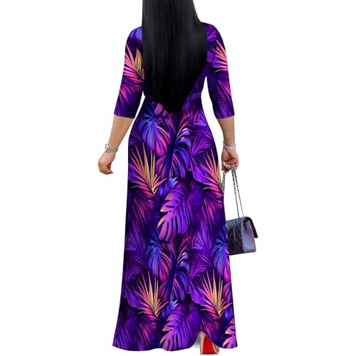 Women's V Neck 3/4 Sleeve Maxi Dress Casual Floral Print Semi Formal Dresses with Belt for Vacation3