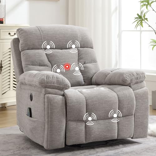 Bonzy Home Large Power Lift Recliner with Heat and Massage, Overstuffed Power Lift Recliner Chair for Elderly, Soft Chenille Fabric, 2 Hidden Cup Holders, USB Charging Port, 2 Side Pockets, Light Grey