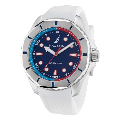 Nautica NAPKMS305 KOH May Bay - Reloj de pulsera de silicona para hombre, color blanco, Tono plateado/azul/blan