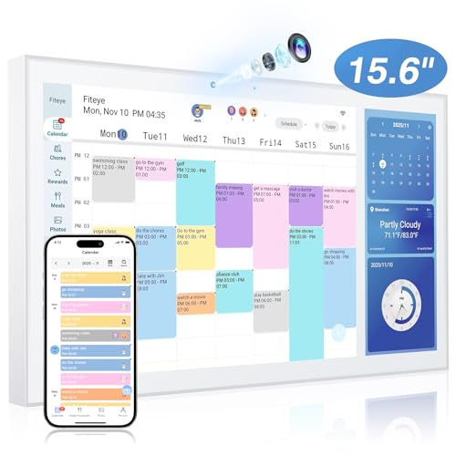 Image of Fiteye 15.6" Smart Digital Calendar with Camera & HD Smart Touch Screen, Electronic Digital Wall Planner with Split-Screen | Sync Calendars, Chore Chart, Meal Plan & Video Calls | Includes Wall Mount