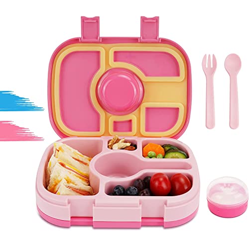 Auslaufsichere Bento Box Kinder Brotdose Kinder mit 5 Fächern Trennwand Brotdose Kinder(mit Löffel und Gabel-Set) Lunch Box Kinder Brotbüchse (Rosa) Cover