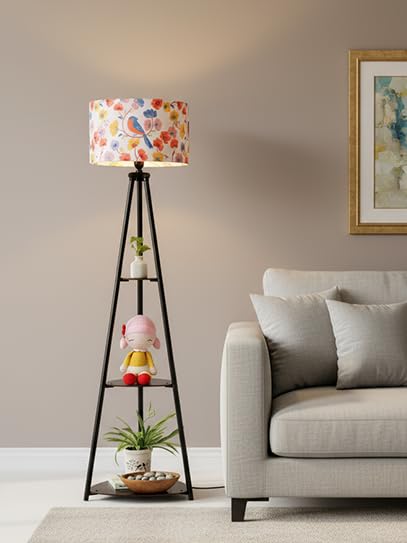 Crosscut Furniture Metal Printed LED Floor Lamp with 3 Shelves (Retro Robin), White