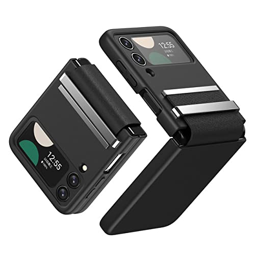 Étui pour Samsung Galaxy Z Flip 4 et 3 avec dragonne réglable et film écran noir argent