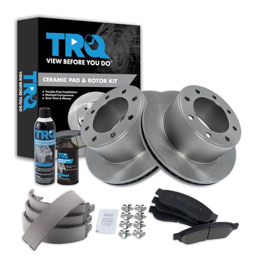 Image of TRQ Rear Brake Pad & Rotor Kit, with Chemical Kit Parking Brake Shoe Set Ceramic Compatible with 2008-2010 Ford F-250 Super Duty 2005-2012 F-350 Super Duty