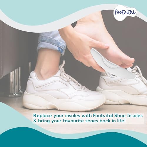 Image of Footvital Memory Foam Shoe Insoles for Men and Women | Soft Cushioned Inserts for Long Standing and Walking | Supports Heel and Arch | Shock Absorbing | Moisture Absorbing | Lightweight Washable Insoles for All Shoes | 1 Pair | White | Size 7
