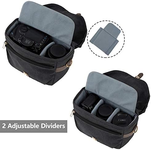 bagsmart Vintage Camera Bag Messenger Bag Canvas SLR DSLR Case Padded Shoulder Bag with Rain Cover for Day Trip, Travel (Black)