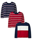 The Children's Place,Boys,Long Sleeve Everyday Casual Knit Shirt,Red Stripe/Blue Stripe/Colorblock 3-Pack,Small