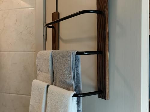 NATUHYZ No Punching Over The Door Towel Rack, 17 Inch 3 Tier Solid Wood and Matte Black Metal Space Saving Bathroom Door Hanging Towel Storage Bar