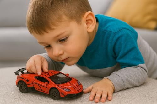 Image of 1:36 Scale Lamborghini Huracan STO Die-Cast Car - Alloy Pull Back Toy Vehicle with Openable Doors, Realistic Detailing Sports Car Model for Kids, Boys & Collectors (Red)