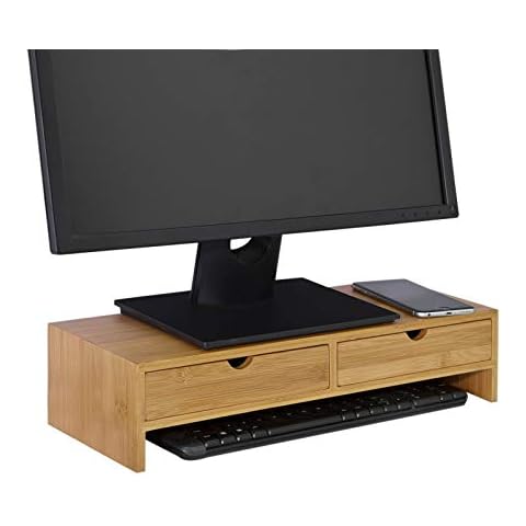 SoBuy® FRG198-N, Bamboo Monitor Stand Computer Screen Monitor Stand Monitor Riser Desk Organizer with 2 Drawers Cover