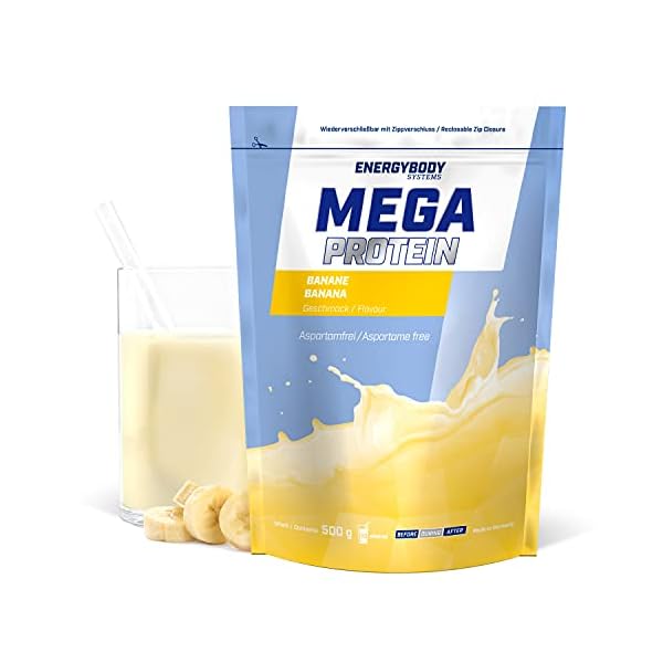 Energybody Mega Protein "Banane" 500 g / Mehrkomponenten Protein Pulver mit Casein Whey Mix als Eiweiss Protein Pulver / Eiweiß Shake ohne Aspartam/ Eiweißpulver / 20 Portionen