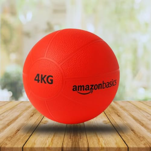 Image of Amazon Basics Rubber Medicine Ball | 4 Kg | for Strength Training, Core Workouts, Endurance Training | Non-Slip Surface | Red
