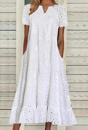 chouyatou Women Summer Ruffle Hem Floral Lace Eyelet Dress Casual Notch Neck Midi Tunic Dress with Pocket2