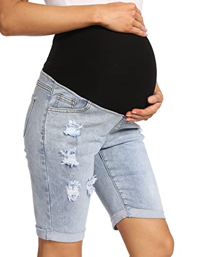 V VOCNI Maternity Denim Shorts Over the Belly Rolled Cuff Midrise Bermuda Short Pregnancy Jean Shorts