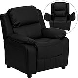 Flash Furniture Charlie LeatherSoft Kids Recliner with Flip-Up Storage Arms and Safety Recline, Contemporary Reclining Chair for Kids, Supports up to 90 lbs., Black