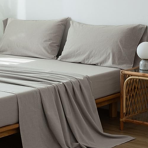 MooMee-Bedding-Sheet-Set-100-Washed-Cotton-Linen-Like-Textured-Breathable-Durable-Soft-Comfy-Cream-Grey-Queen