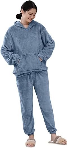Cigain Pajamas for Women, Autumn/Winter, Roomwear, Top and Bottom Set, Pair of Fluffy Pajamas, Long Sleeves, Warm, Nightwe...