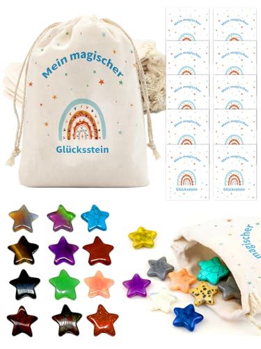 VERTOYCO 12 Set Glückssteine für Kinder Sternförmigen Glückssteine mit einem Jutesäckchen und einer kleinen Karte geliefert Für Kindergeburtstag Gastgeschenke (Regenbogen)