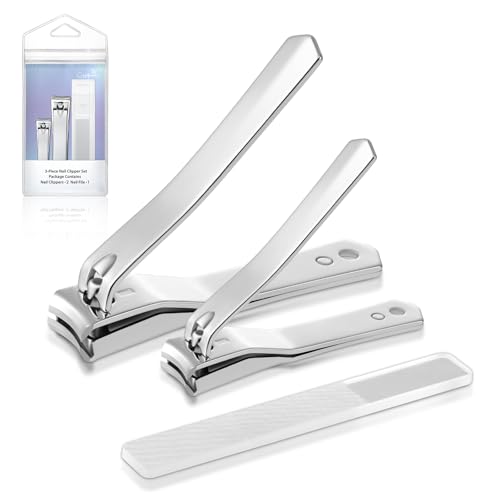 Nail Clipper Set with Catcher, 3-Piece Edgy Nail Clipper Kit, Premium Carbon Steel, Professional Finger and Toe Nail Clipper Set, A Separate Nano Glass Nail File Included, Travel Nail Clipper Kit
